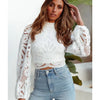 Sexy Long Sleeve White Lace Shirts Women Blouses Casual Crochet Hollow Out Elegant Tops Cropped Turtleneck Blusas 16296