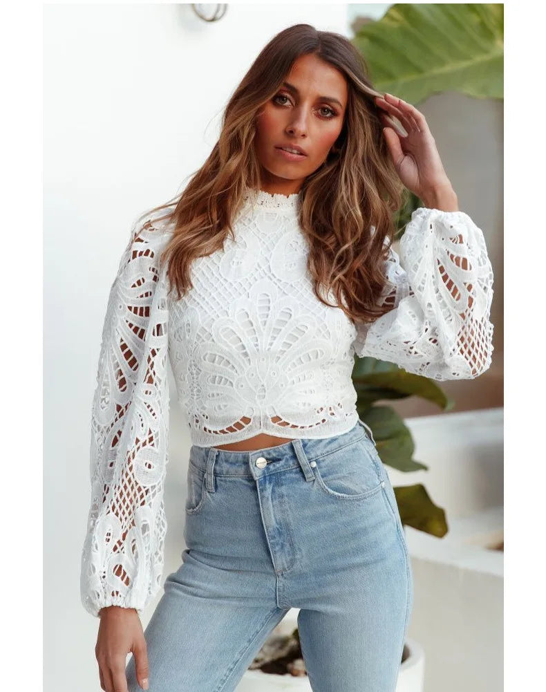 Sexy Long Sleeve White Lace Shirts Women Blouses Casual Crochet Hollow Out Elegant Tops Cropped Turtleneck Blusas 16296