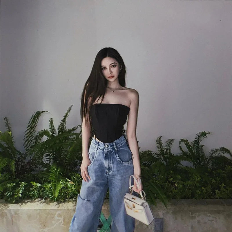 Women's Off Shoulder Strapless Lace Up Bustier Corset, Crop Tops, Black Sleeveless Vest, Cropped Feminino