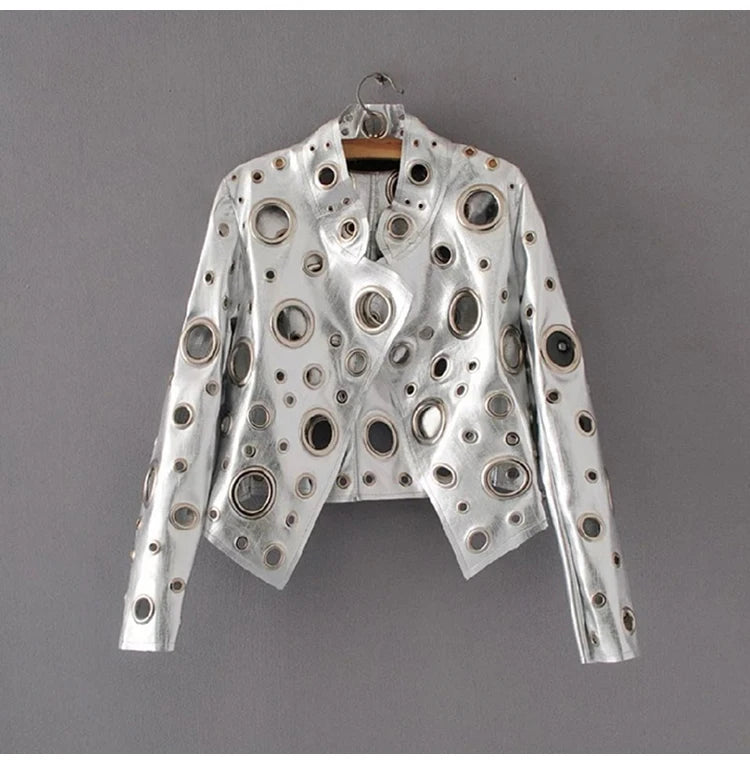 Lautaro Runway Cut Out Short Faux Leather Jacket Golden Rivet Cool Stylish Designer Clothes Women European American Fashion 2022