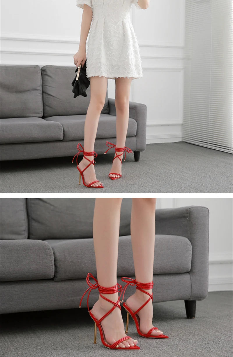 Summer 12CM Gladiator Heels Sandals For Women Fashion Pointed Open Toe Lace-Up Stiletto Ladies Strappy Wedding Shoes Black Red