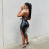 Women Sexy Suspender Mid-length Bodycon Dress Fashion Solid Color Leather Bandage Backless Skinny Split Dress For Female Mujer