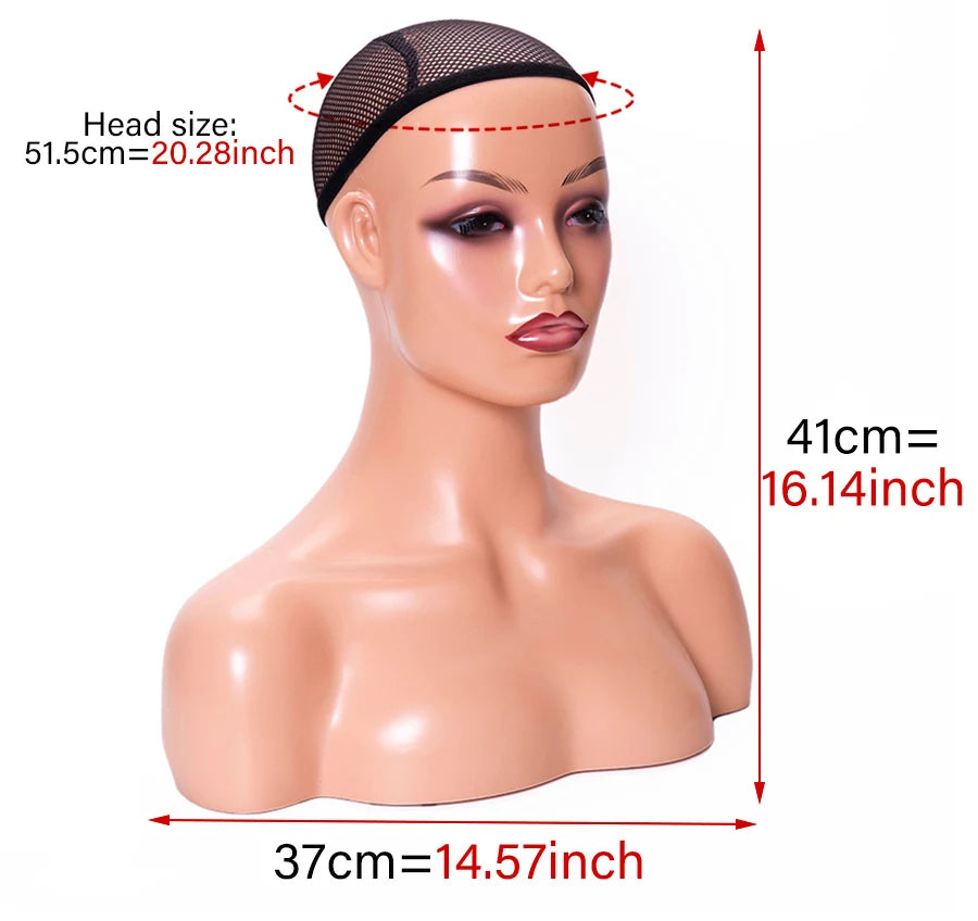 Female Mannequin Head With Shoulder Manikin Head Bust Wig Head Stand With Makeup For Wigs Display Necklace Free Earrings,Wig Cap