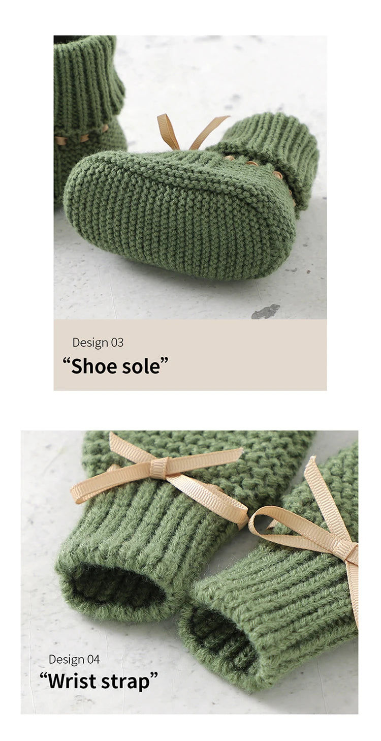 Baby Shoes + Gloves Set Knit Newborn Girls Boys Boots Mitten Fashion Butterfly-knot Toddler Infant Slip-On Bed Shoes Hand Made