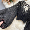 Autumn Black/White/Brown Sexy Lace Blouse Women Elegant V-Neck Puff Long Sleeve Open Back Short Tops Female Party Blusas 2021