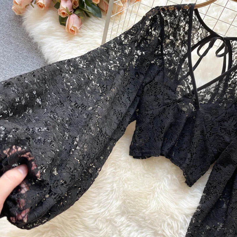 Autumn Black/White/Brown Sexy Lace Blouse Women Elegant V-Neck Puff Long Sleeve Open Back Short Tops Female Party Blusas 2021