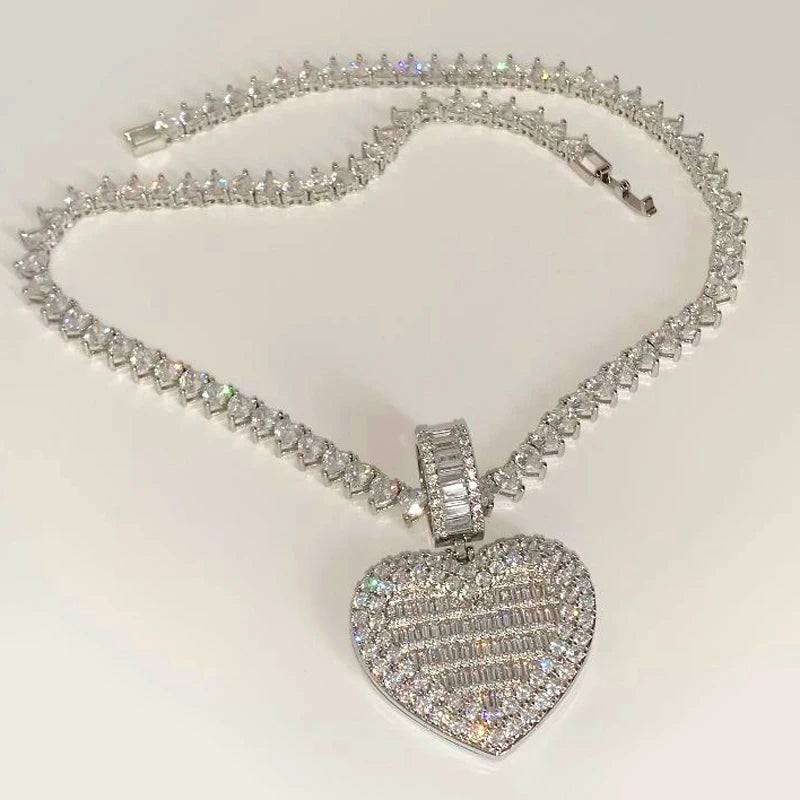 Iced Out Bling Can Be Opened Heart-shaped Photo Pendant Necklace Hearts Tennis Chain Cubic Zirconia Fashion Women Men Jewelry