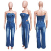 Women's Strapless Halter Loose-Fitting Denim Jumpsuit Spring Casual Solid Knitted Tights for Outings Straight Wide Leg Design