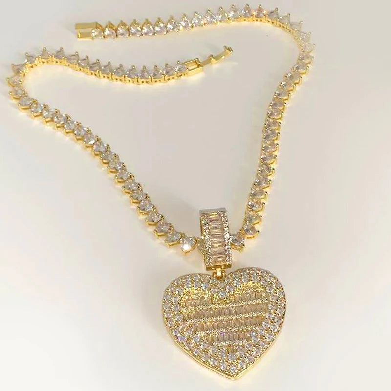Iced Out Bling Can Be Opened Heart-shaped Photo Pendant Necklace Hearts Tennis Chain Cubic Zirconia Fashion Women Men Jewelry