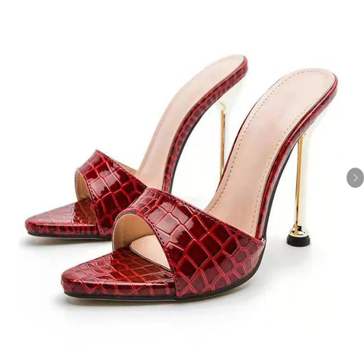 Woman Slippers Snake Print Strappy High Heels Slippers Sandals Pointed Toe Slides Pumps Shoes for Ladies Women Summer