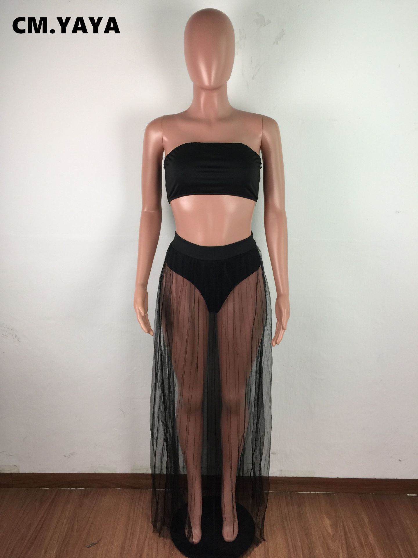 CM.YAYA Women Mesh See Though Two Piece Set Sexy Beach Strapless Tops and Pleated Maxi Skirts Matching Set Summer Outfits