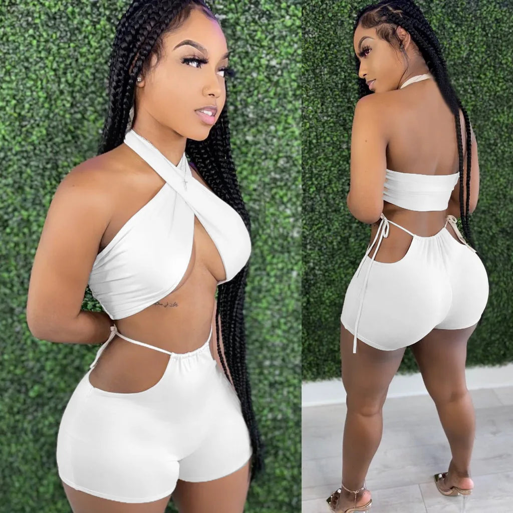 Two Piece Sets for Women Ruched Bandage Criss Cross Solid Women 2024 Spring Backless Club Crop Top and Shorts Matching Set
