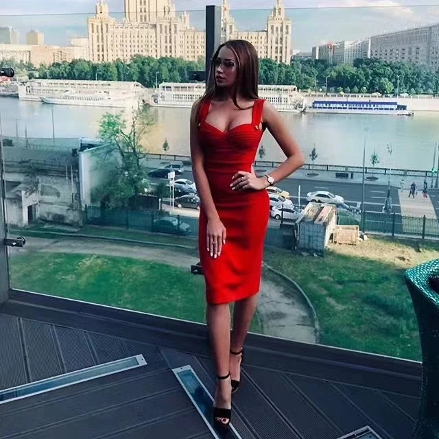 Women Summer Fashion Sexy V Neck Backless Button Red Black White Bodycon Bandage Dress 2022 Designer Evening Party Dress Vestido