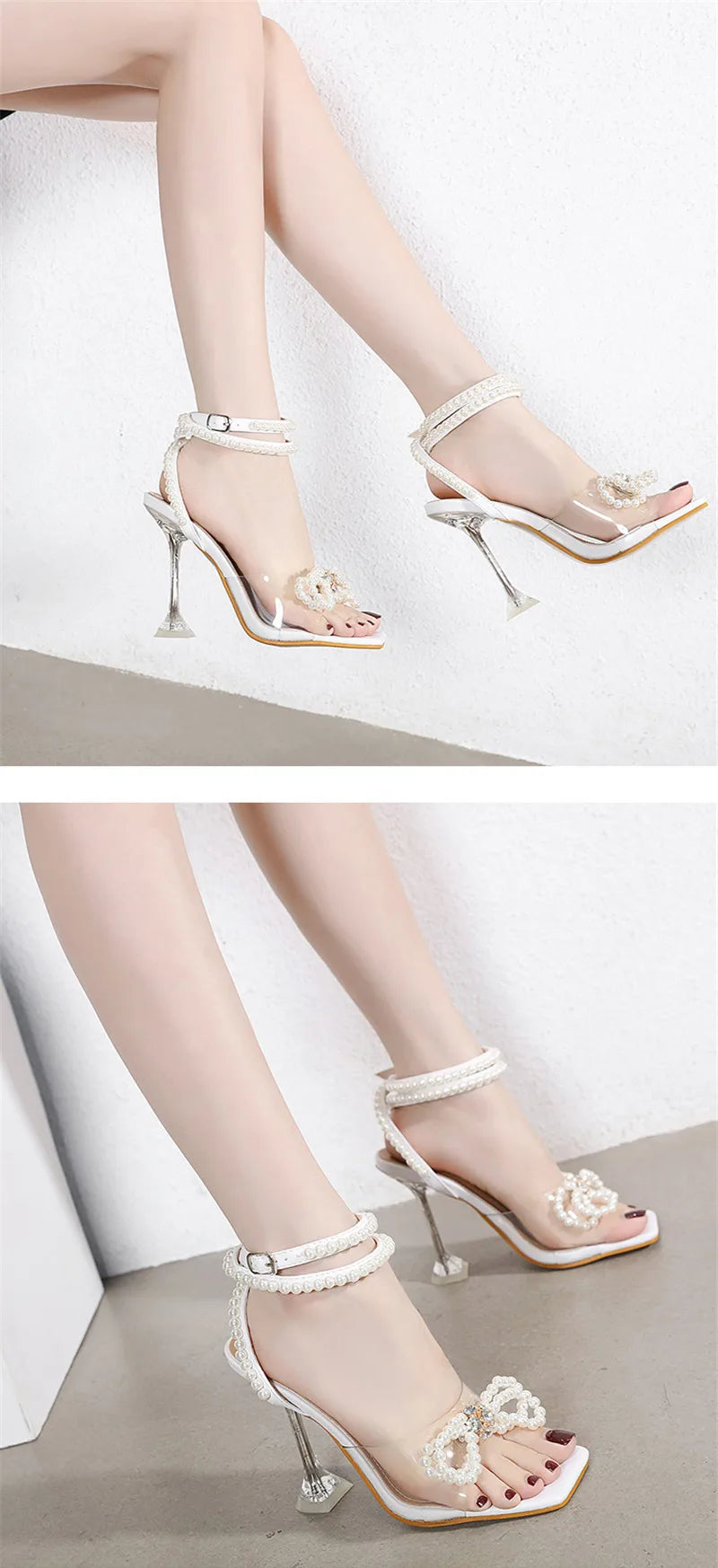 Eilyken New Women Sandals 2025 Summer Sexy Perspex Crystal High Heels Party Wedding Shoes Square Toe Pearls String Bowknot Pumps