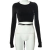 Sexy Backless Lace ups Pullover Tees Women Autumn Black O-neck Slim Longsleeve Short T-Shirt