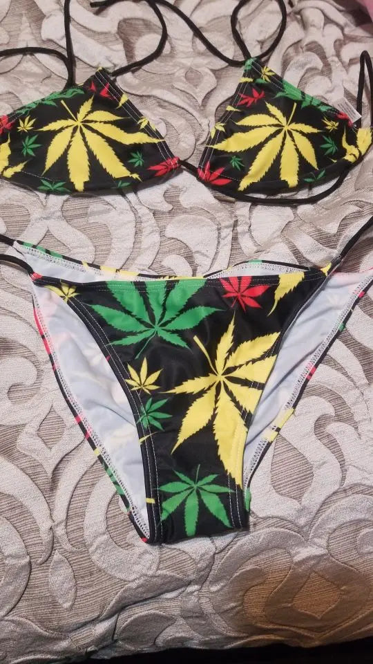 Customized Logo Plus Size Hawaiian Leaves Custom Pattern Bandage Swimsuit Set Two Piece Set Padded Halter Womens Swimwear Bikini