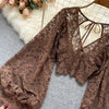 Autumn Black/White/Brown Sexy Lace Blouse Women Elegant V-Neck Puff Long Sleeve Open Back Short Tops Female Party Blusas 2021