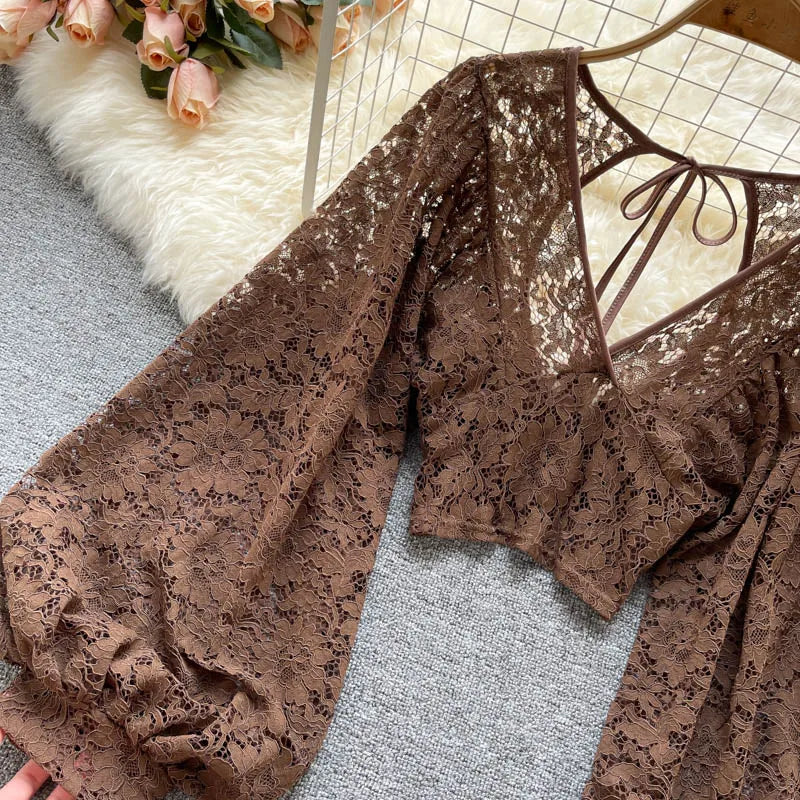 Autumn Black/White/Brown Sexy Lace Blouse Women Elegant V-Neck Puff Long Sleeve Open Back Short Tops Female Party Blusas 2021