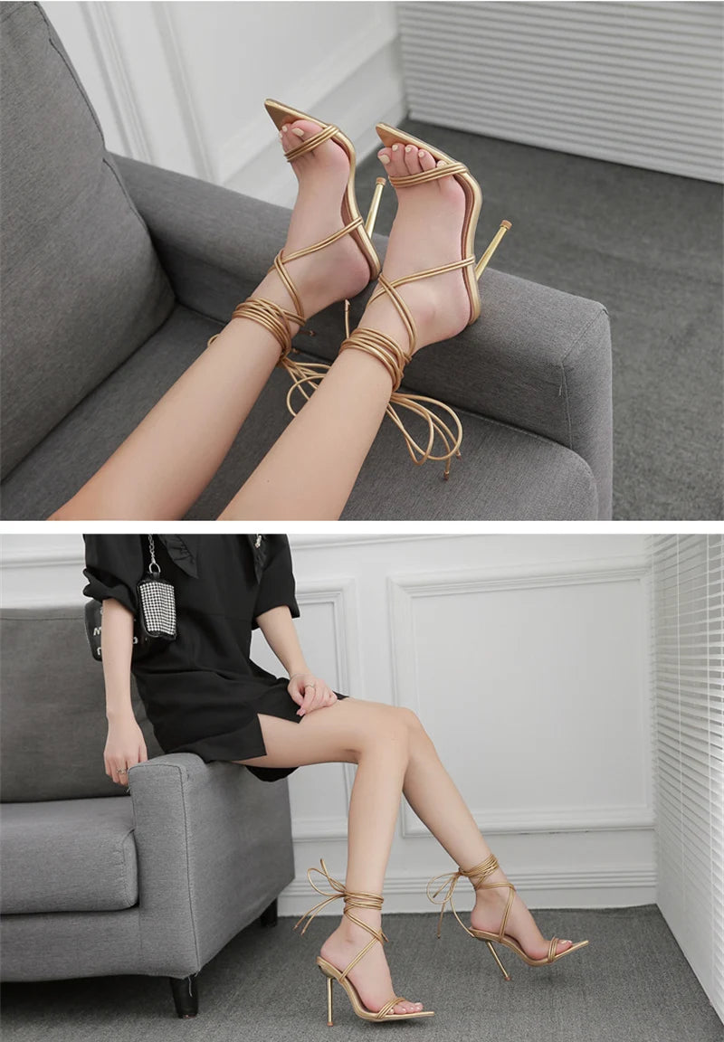 Summer 12CM Gladiator Heels Sandals For Women Fashion Pointed Open Toe Lace-Up Stiletto Ladies Strappy Wedding Shoes Black Red
