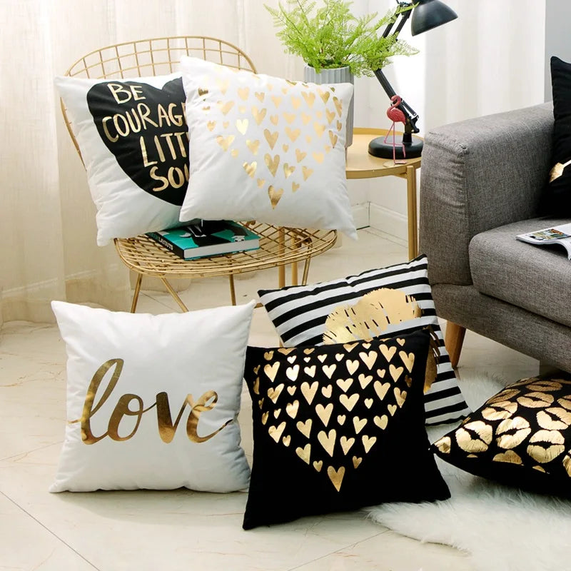 Love Black And White Bronzing Cushion Decorative Pillows Gold Foil Geometric Pillowcase Home Decor Sofa Throw Pillow 17*17inch