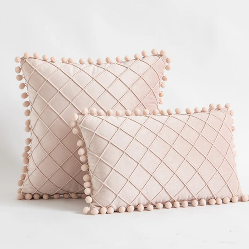 Inyahome Velvet Waist Throw Pillow with Pompom Solid Color Decorative Cushio Pillow Pink Grey Green Solid Velvet Home Pillowcase