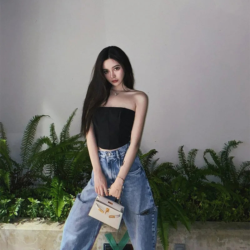Women's Off Shoulder Strapless Lace Up Bustier Corset, Crop Tops, Black Sleeveless Vest, Cropped Feminino