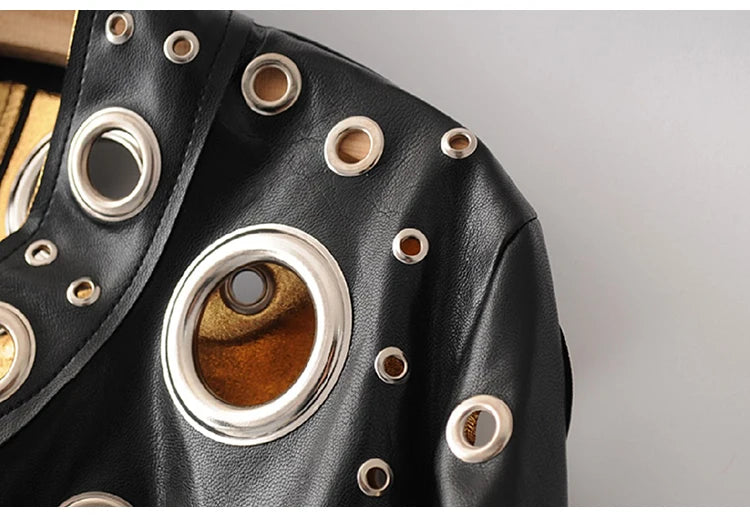 Lautaro Runway Cut Out Short Faux Leather Jacket Golden Rivet Cool Stylish Designer Clothes Women European American Fashion 2022