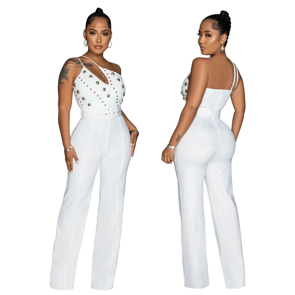 2024 New Design Ladies' One-Shoulder Jumpsuit Solid Color Breathable and Loose for Work Fall Halter Rompers
