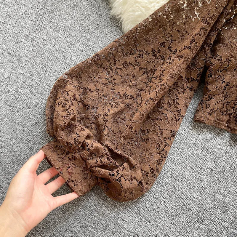 Autumn Black/White/Brown Sexy Lace Blouse Women Elegant V-Neck Puff Long Sleeve Open Back Short Tops Female Party Blusas 2021
