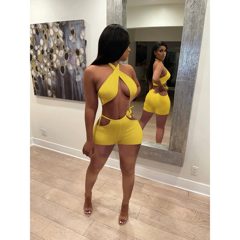 Two Piece Sets for Women Ruched Bandage Criss Cross Solid Women 2024 Spring Backless Club Crop Top and Shorts Matching Set
