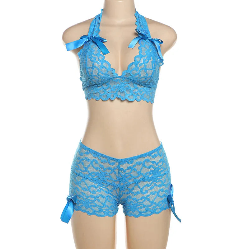 Summer Women's Sets Sexy Lace Two Pieces Shorts Set Sexy Sheer Halter 2 Piece Set