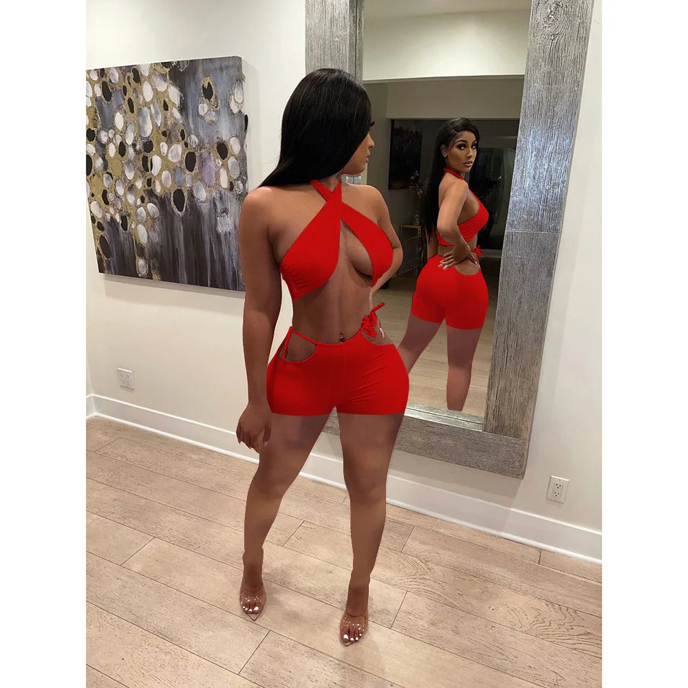 Two Piece Sets for Women Ruched Bandage Criss Cross Solid Women 2024 Spring Backless Club Crop Top and Shorts Matching Set