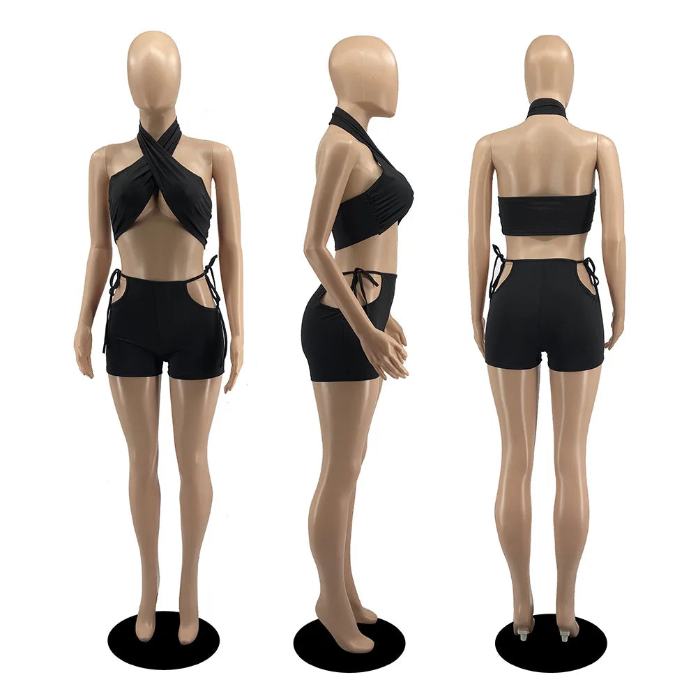 Two Piece Sets for Women Ruched Bandage Criss Cross Solid Women 2024 Spring Backless Club Crop Top and Shorts Matching Set