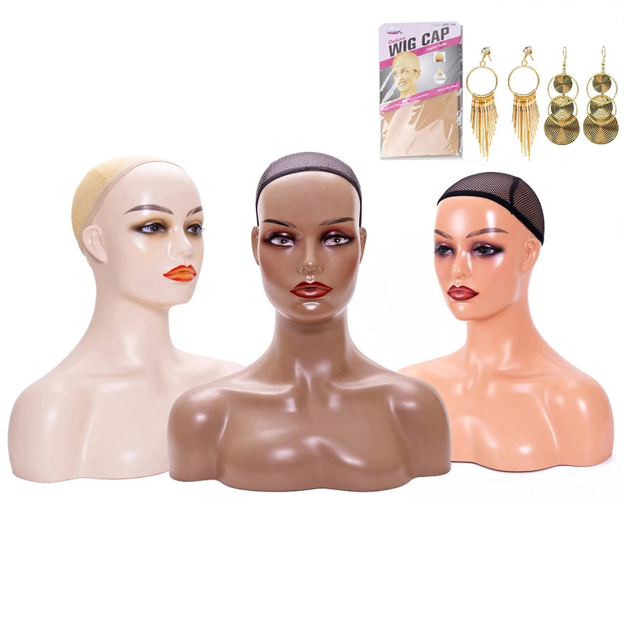 Female Mannequin Head With Shoulder Manikin Head Bust Wig Head Stand With Makeup For Wigs Display Necklace Free Earrings,Wig Cap
