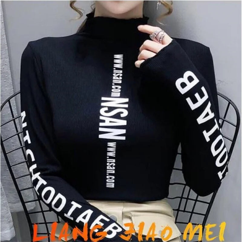 Mid-high-neck Bottoming T-shirt Elastic Inner Ride Femme Tee Tops autumn winter warm letter printing Streetwear Women's T-shirts