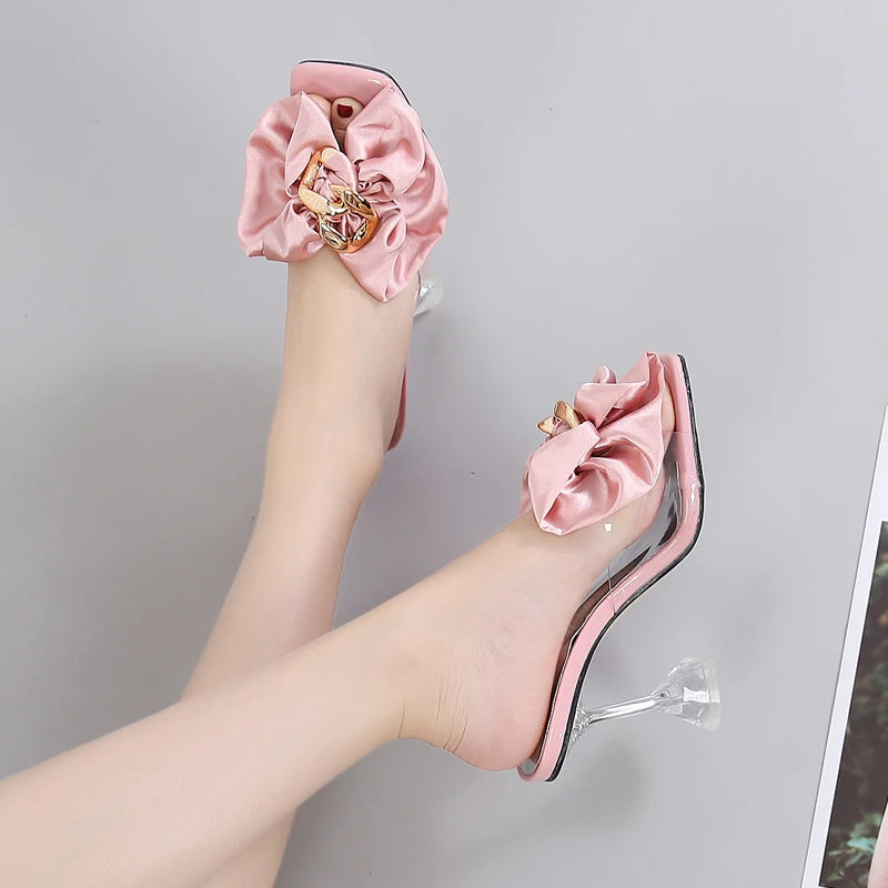 Transparent Slippers For Women 2025 Summer Fashion Pink Butterfly-knot Designer Sandals Clear Heels Size 46 Female Shoes
