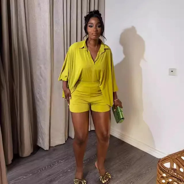 S107 Wholesale Designer Clothing 2024 Solid Color Bat Sleeve Shirt 2 Pieces Set Summer Loose Casual Two Piece Shorts Sets Women