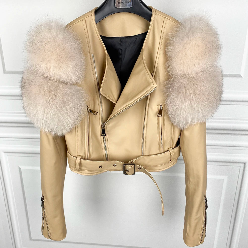 GO BALLISTIC YA Women Leather Jacket With Fur Sleeve Fashion Ladies Crop Jacket