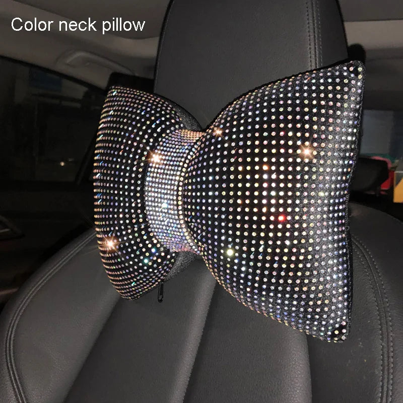 1PC Diamond Crystal Bowknot Car Neck Pillow Rhinestone Auto Headrest Seat Support Waist Pillows Bling Car Accessories for Women