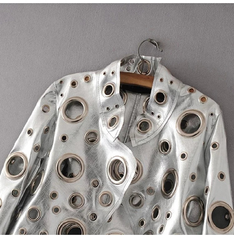 Lautaro Runway Cut Out Short Faux Leather Jacket Golden Rivet Cool Stylish Designer Clothes Women European American Fashion 2022