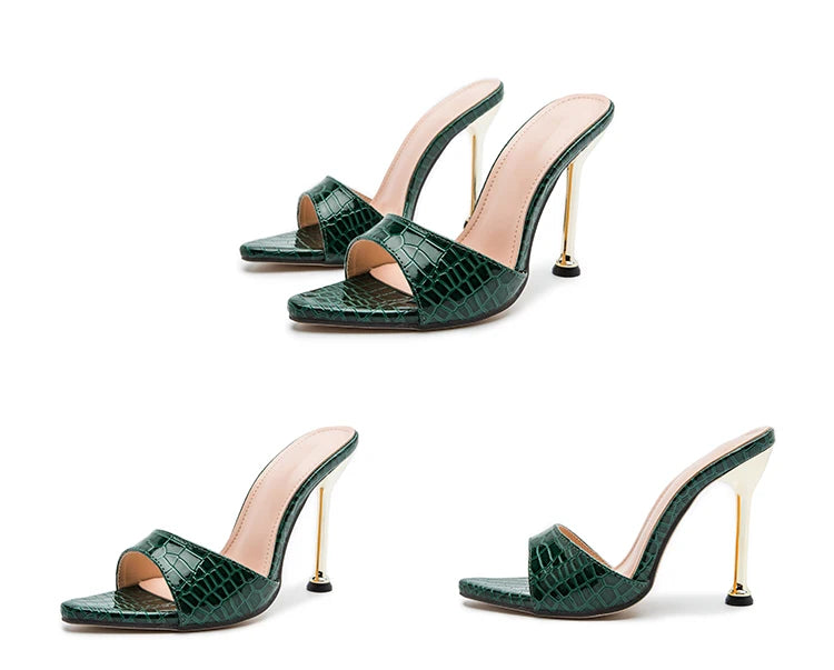 Woman Slippers Snake Print Strappy High Heels Slippers Sandals Pointed Toe Slides Pumps Shoes for Ladies Women Summer