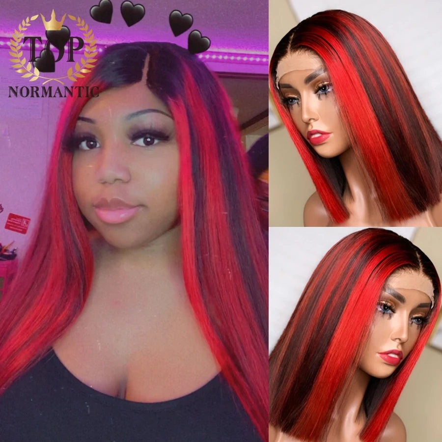 Topnormantic Highlight Red Color Straight Wigs For Women Brazilian Remy Human Hair 4x4 Lace Closure Straight Bob Wig Preplucked