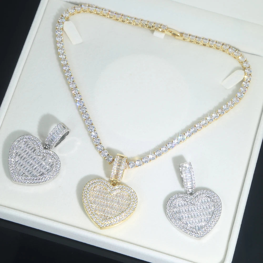 In Stock Iced Out Bling Women Jewelry 5A White Cubic Zirconia Heart Shaped Pendant Necklace With Tennis Box Chain