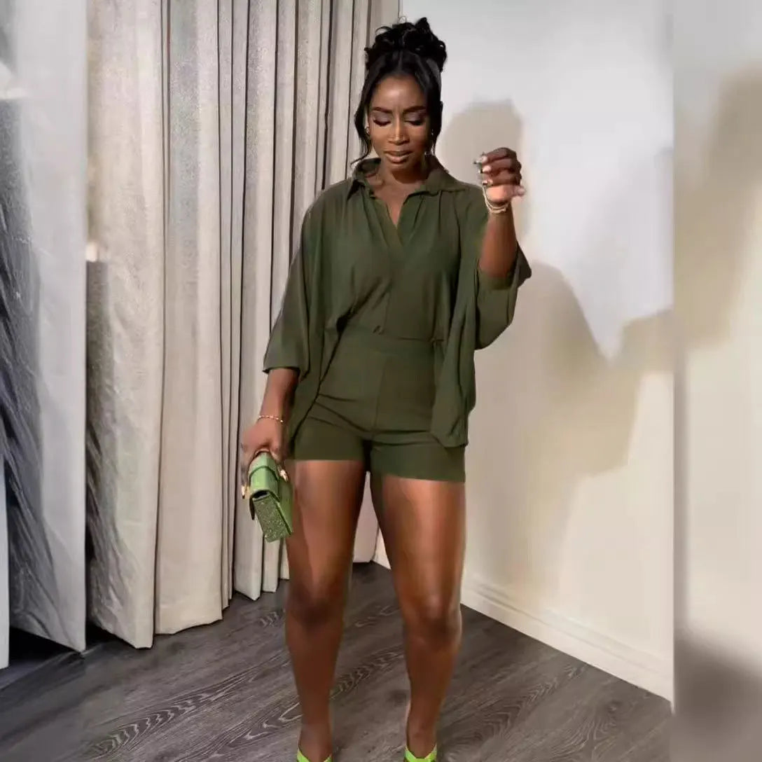 S107 Wholesale Designer Clothing 2024 Solid Color Bat Sleeve Shirt 2 Pieces Set Summer Loose Casual Two Piece Shorts Sets Women