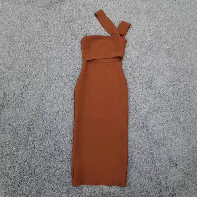 Women Summer Sexy Hollow Out Brown Midi Knee Length Bodycon Bandage Dress 2023 Designer Elegant Evening Party Dress Vestido