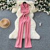 Vintage Turn-down Collar Tunic Slim Jumpsuit for Women High Waist Denim Long Jumpsuit Ladies Retro Overalls Wholesale