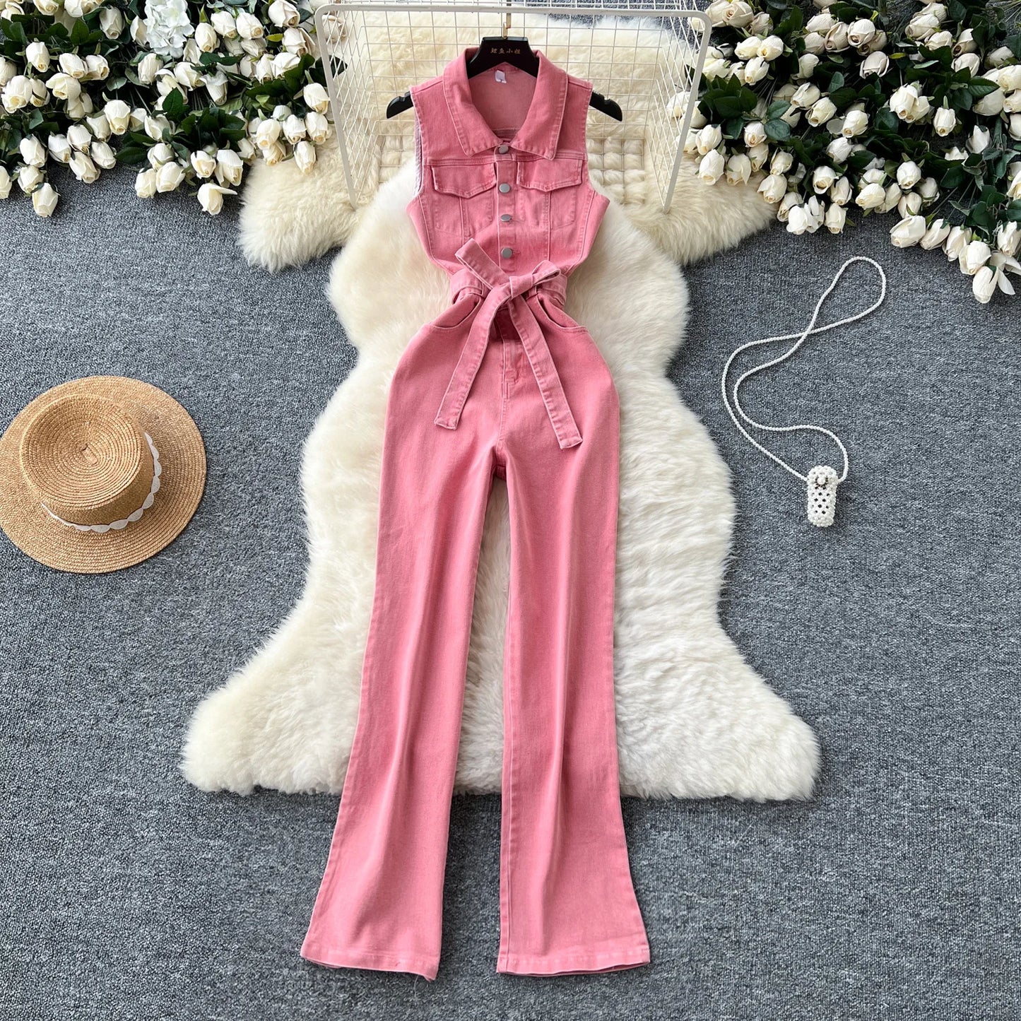 Vintage Turn-down Collar Tunic Slim Jumpsuit for Women High Waist Denim Long Jumpsuit Ladies Retro Overalls Wholesale