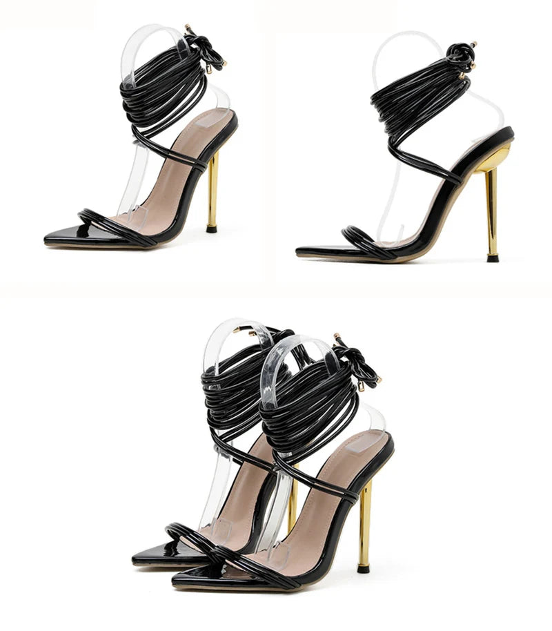 Summer 12CM Gladiator Heels Sandals For Women Fashion Pointed Open Toe Lace-Up Stiletto Ladies Strappy Wedding Shoes Black Red