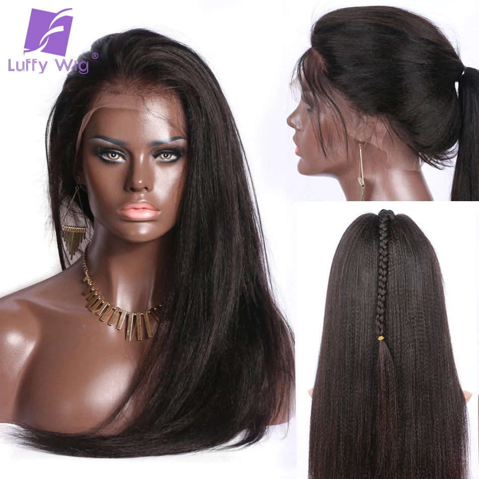 13x6 Yaki Straight Lace Front Wig Human Hair Fake Scalp Lace Wig Pre Plucked Remy Brazilian Lace Frontal Wig Glueless LUFFY