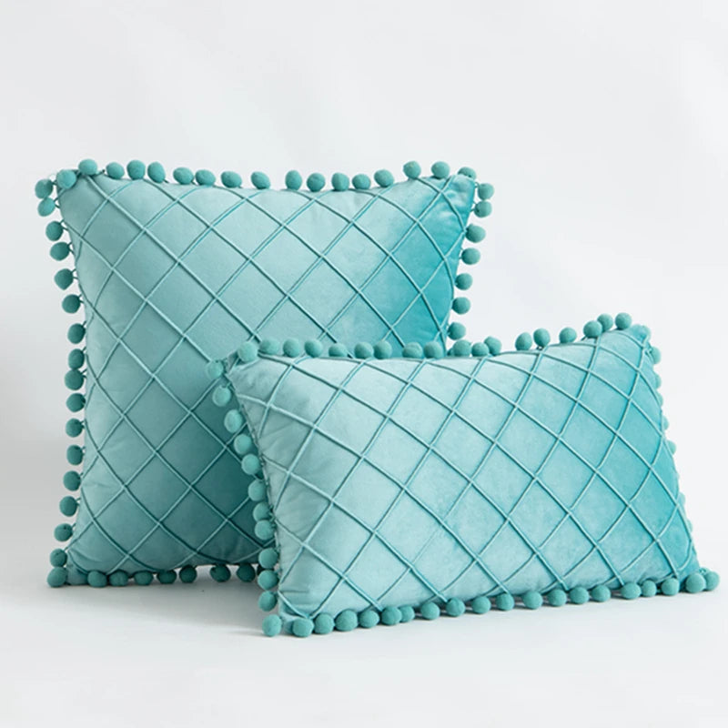 Inyahome Velvet Waist Throw Pillow with Pompom Solid Color Decorative Cushio Pillow Pink Grey Green Solid Velvet Home Pillowcase
